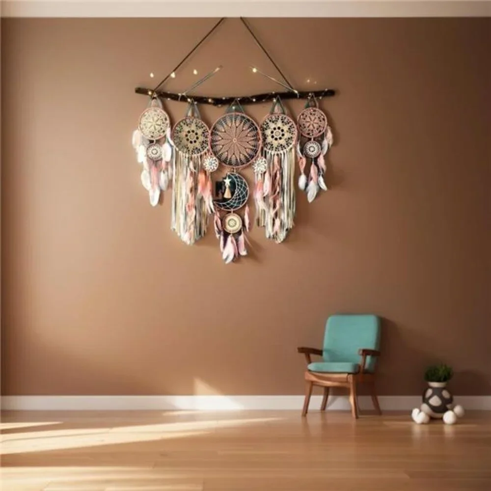 Moon Phase Dreamcatcher Set Boho Wall Decor (Color Pink)